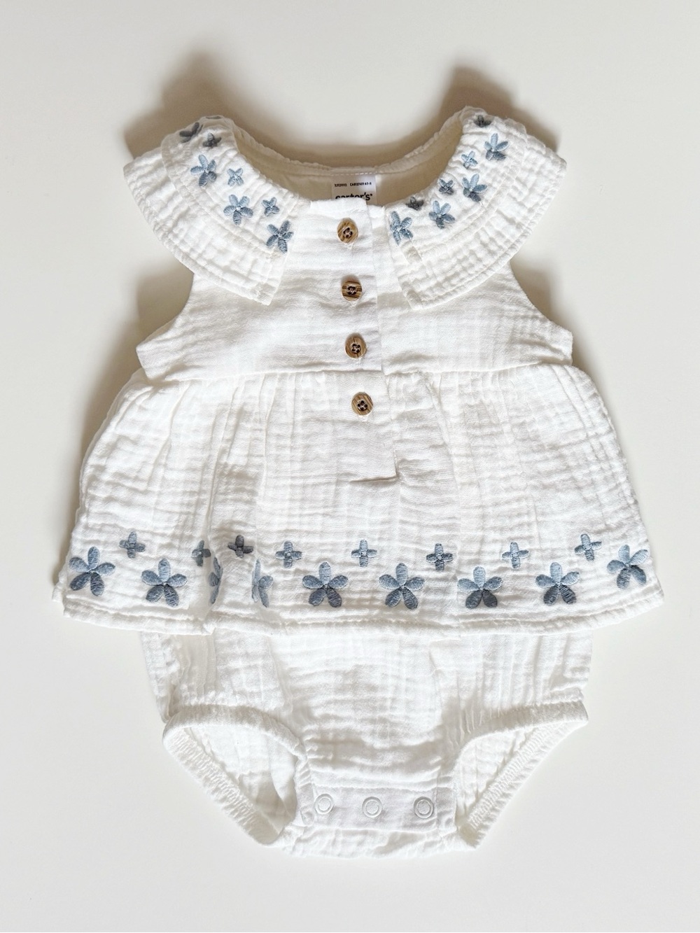 white dress with blue flower embroidery collar • 0-3 month baby girl